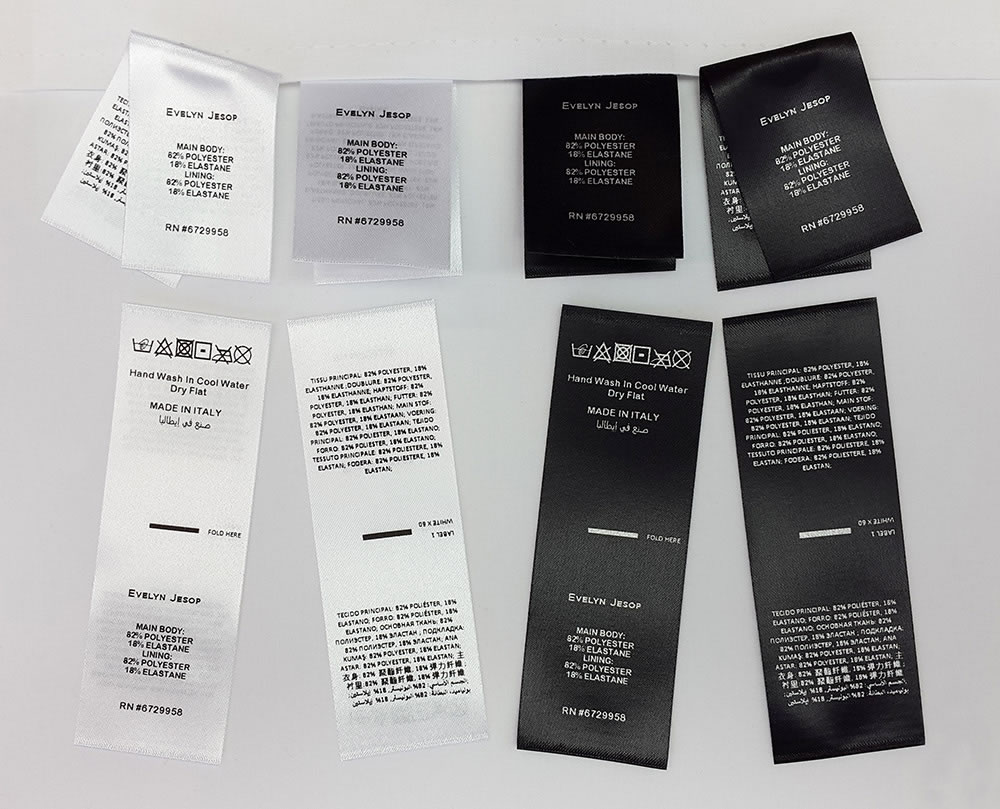 fabric care label examples printed on white and black satin ployester fabric