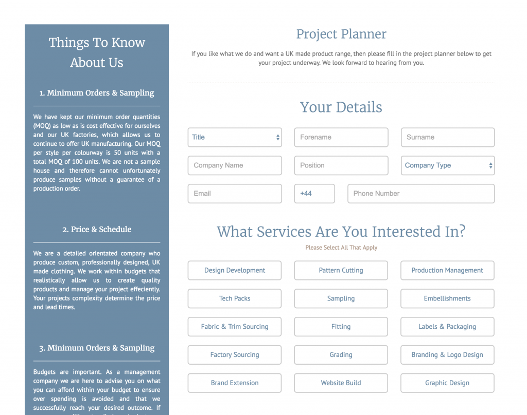 Project Planner Contact Form Website Clothing UK Manufacturing